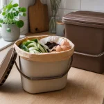 Bioseau de cuisine avec épluchures et bac marron pour trier les biodéchets