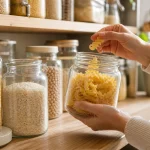 Bocaux de pâtes et riz dans un placard de cuisine pour vérifier les aliments secs avant de jeter