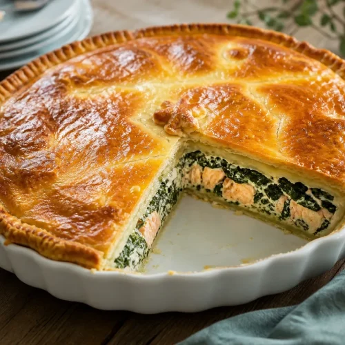 tourte saumon épinards avec pâte dorée et part découpée
