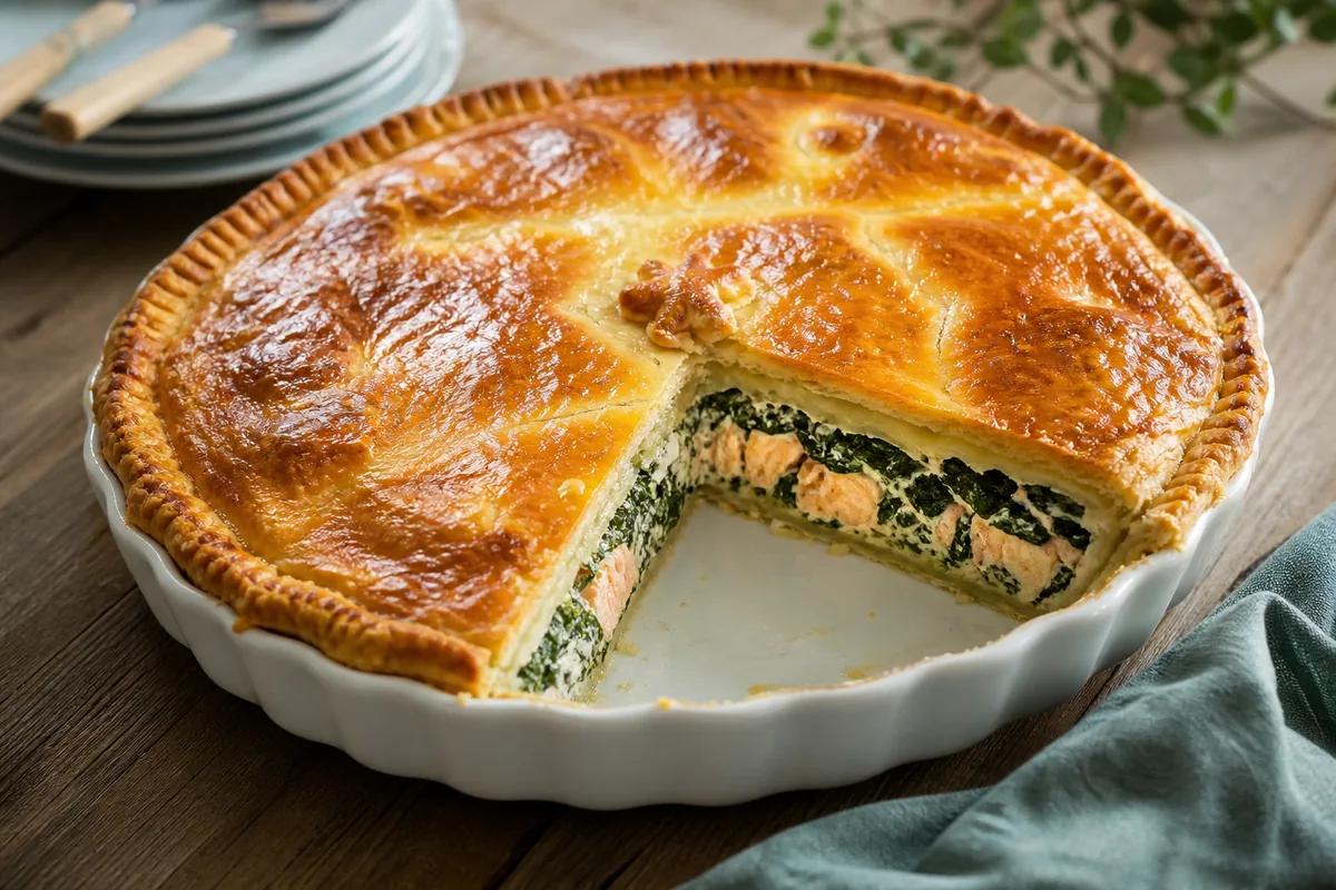 tourte saumon épinards avec pâte dorée et part découpée