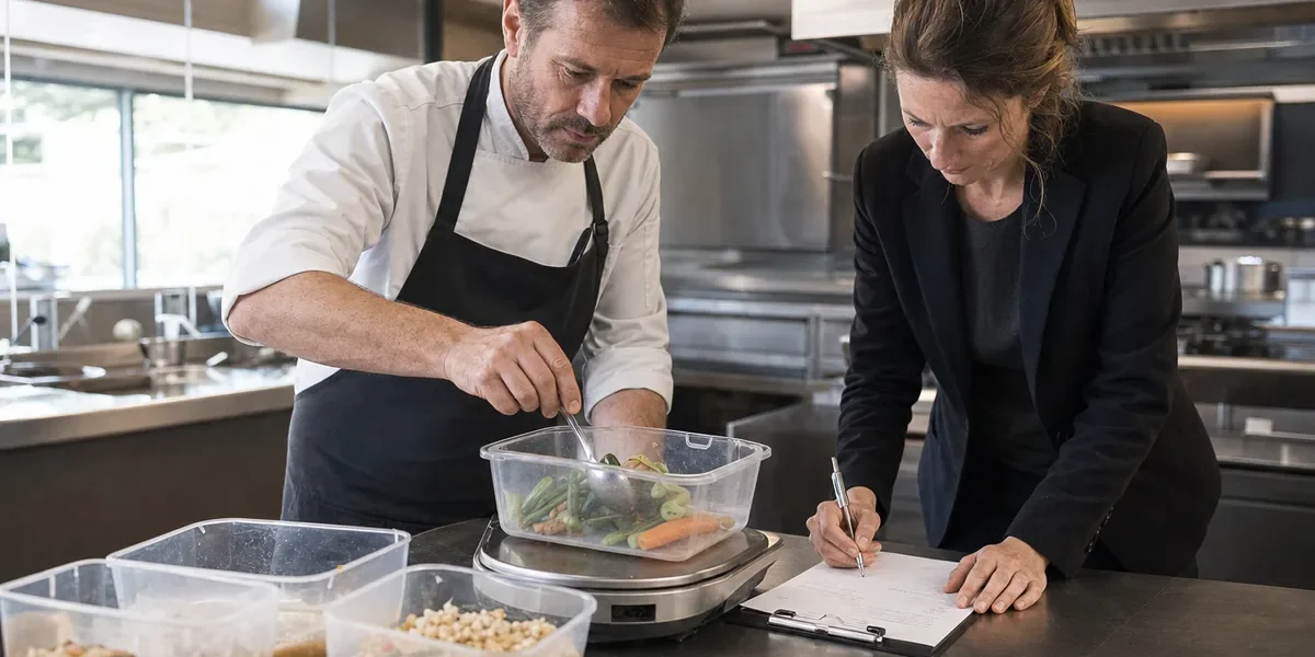 Chef et responsable pèsent les pertes alimentaires après le service dans un restaurant
