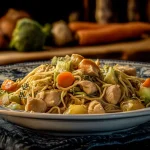nouilles sautées au poulet avec légumes croquants