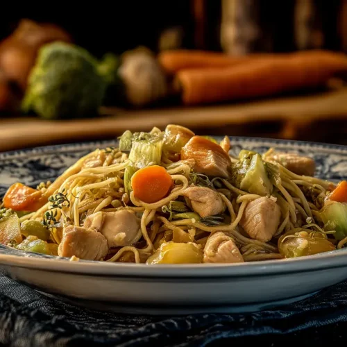 nouilles sautées au poulet avec légumes croquants