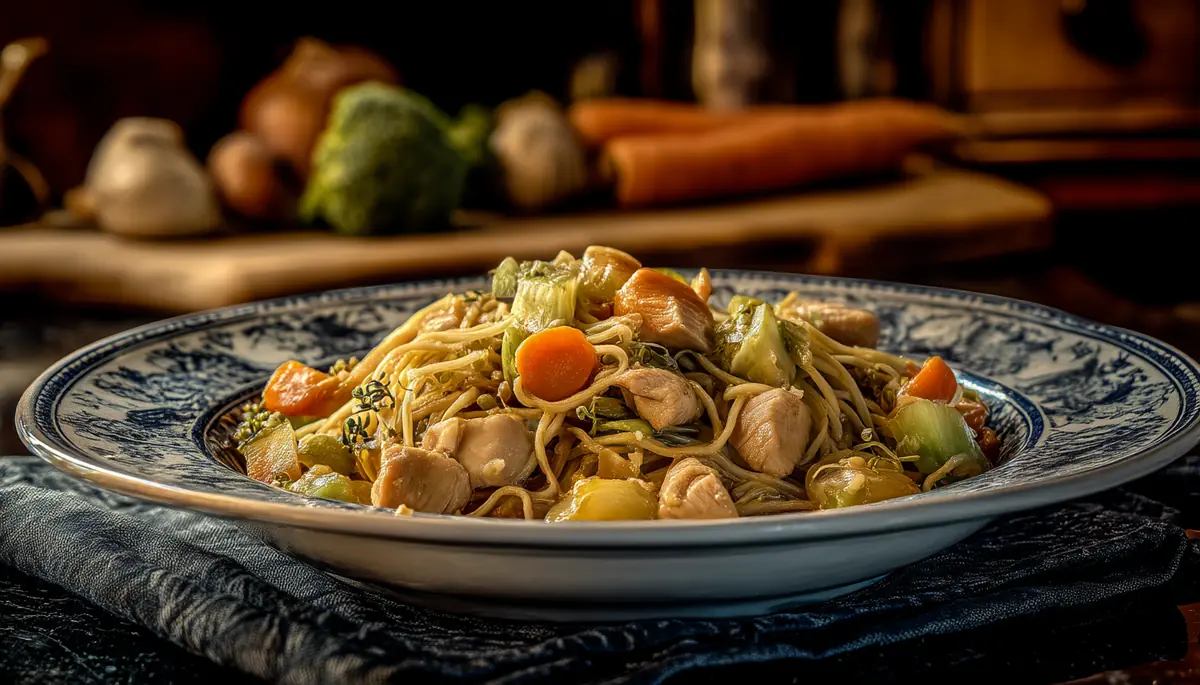 nouilles sautées au poulet avec légumes croquants