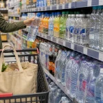 Chariot devant un rayon de bouteilles plastique et emballages nombreux