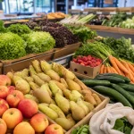 Rayon de fruits et légumes en vrac avec barquette carton et sac réutilisable