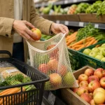Main plaçant des fruits et légumes en vrac dans un sac réutilisable