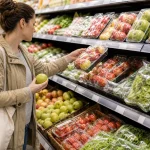 Main comparant fruit en vrac et fruits emballés dans du plastique en rayon