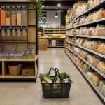 Rayon vrac discret à côté de produits secs emballés en supermarché