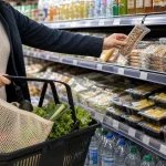 Panier de courses près de bouteilles et produits à usage unique en rayon