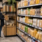 Rayon vrac placé en retrait face à des étagères de produits emballés