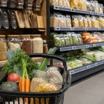 Panier de courses devant un rayon mêlant vrac et aliments emballés dans du plastique