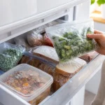 produits surgelés rangés dans un congélateur avec légumes et pain