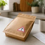 Paquet de café moulu concerné par un rappel alimentaire avec tasse sur un plan de travail