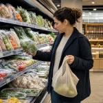 Cliente comparant des légumes emballés avec un sac réutilisable en supermarché