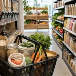 Panier malin avec sacs réutilisables et achats en vrac au supermarché