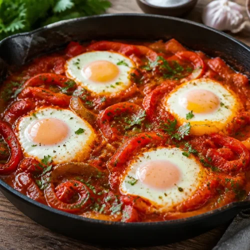 chakchouka aux poivrons avec œufs pochés dans une sauce tomate