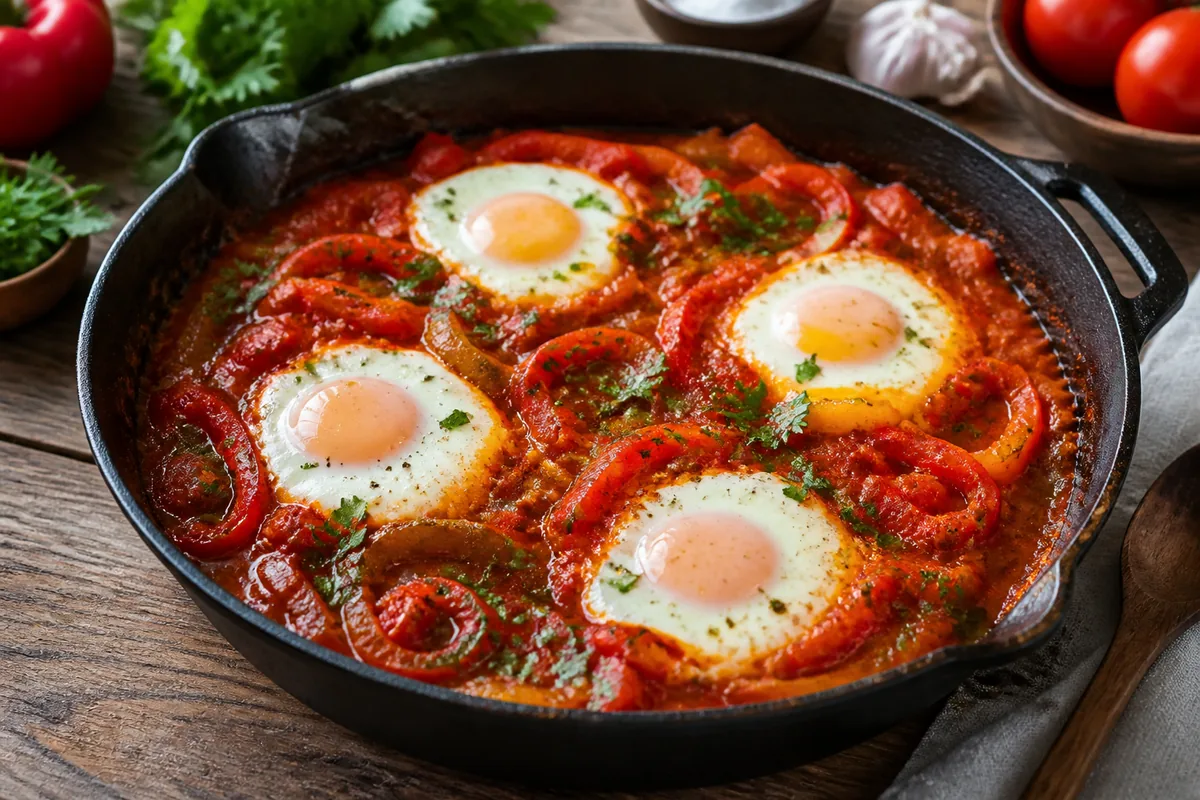 chakchouka aux poivrons avec œufs pochés dans une sauce tomate
