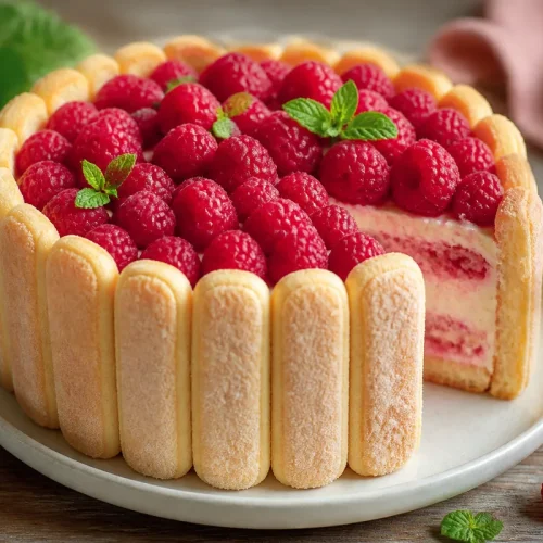 charlotte aux framboises avec biscuits cuillère et framboises fraîches