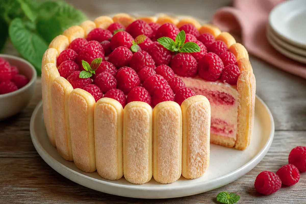 charlotte aux framboises avec biscuits cuillère et framboises fraîches
