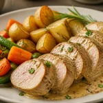 filet mignon de porc à la crème et moutarde avec légumes