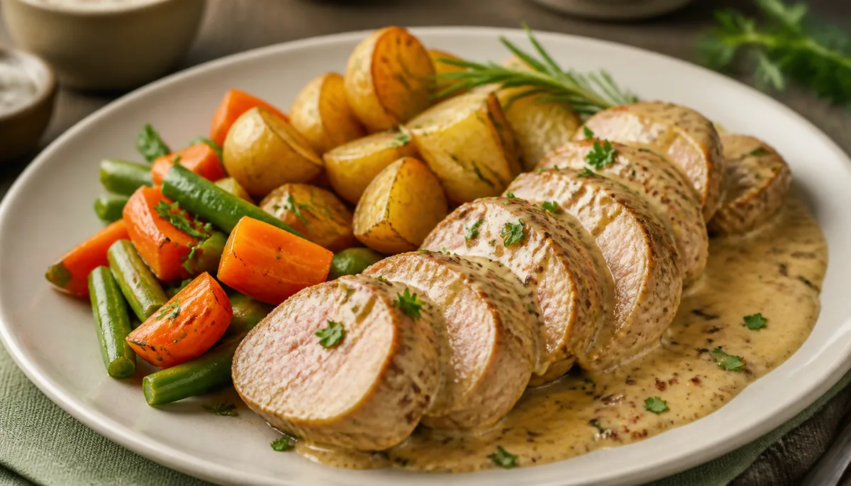 filet mignon de porc à la crème et moutarde avec légumes