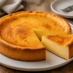 flan pâtissier vanille avec pâte dorée et part découpée