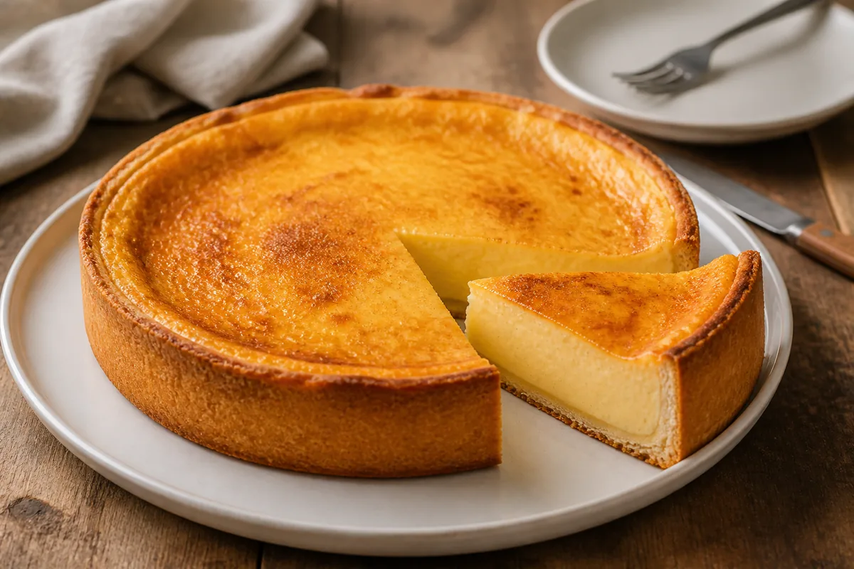 flan pâtissier vanille avec pâte dorée et part découpée