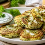 galettes de courgettes et feta servies avec sauce aux herbes