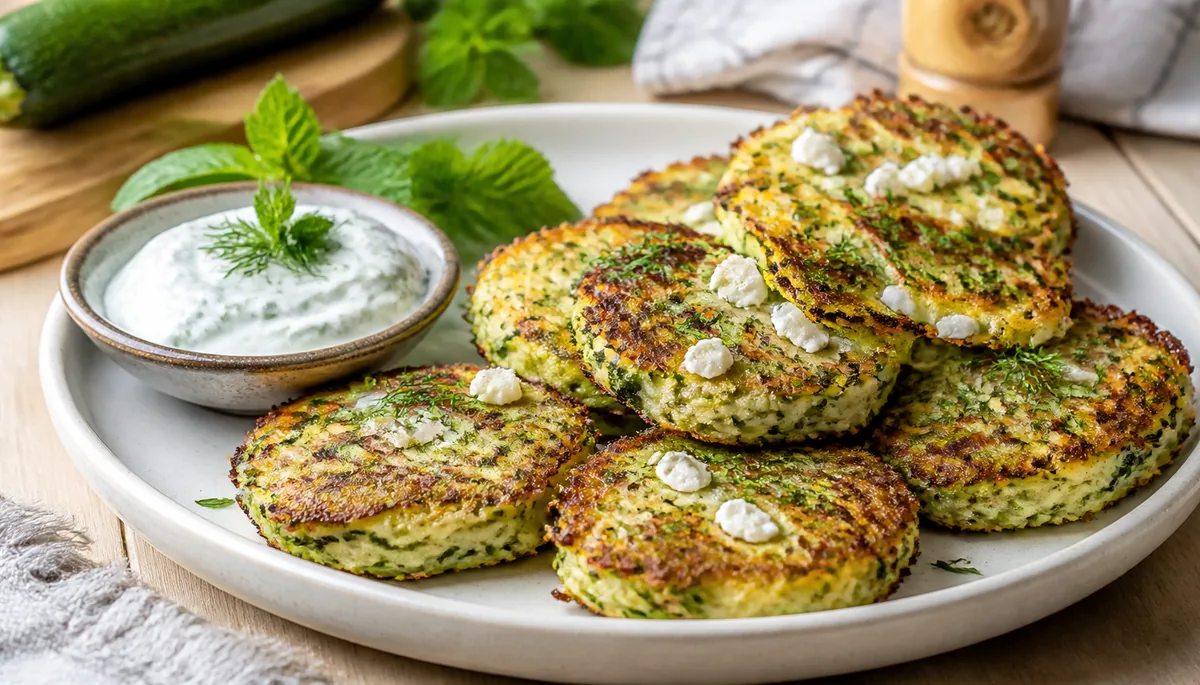 galettes de courgettes et feta servies avec sauce aux herbes
