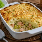 parmentier de saumon aux poireaux gratiné dans un plat