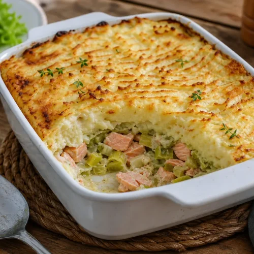 parmentier de saumon aux poireaux gratiné dans un plat