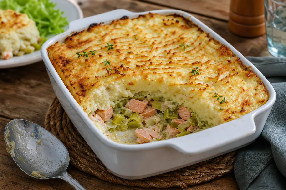 parmentier de saumon aux poireaux gratiné dans un plat
