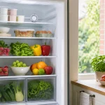 réfrigérateur ouvert avec aliments frais rangés pendant une journée chaude
