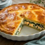 tourte saumon épinards avec pâte dorée et part découpée
