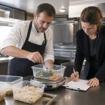 Chef et responsable pèsent les pertes alimentaires après le service dans un restaurant