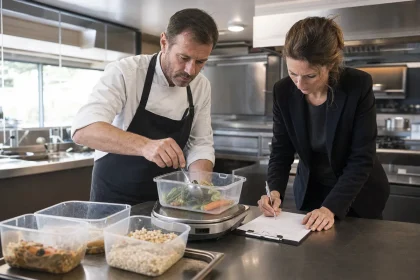 Chef et responsable pèsent les pertes alimentaires après le service dans un restaurant