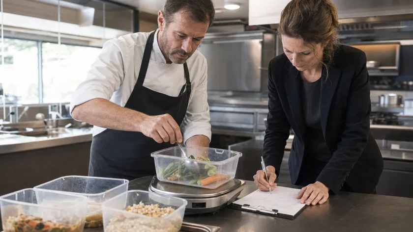 Chef et responsable pèsent les pertes alimentaires après le service dans un restaurant