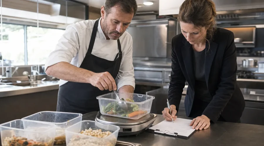 Chef et responsable pèsent les pertes alimentaires après le service dans un restaurant