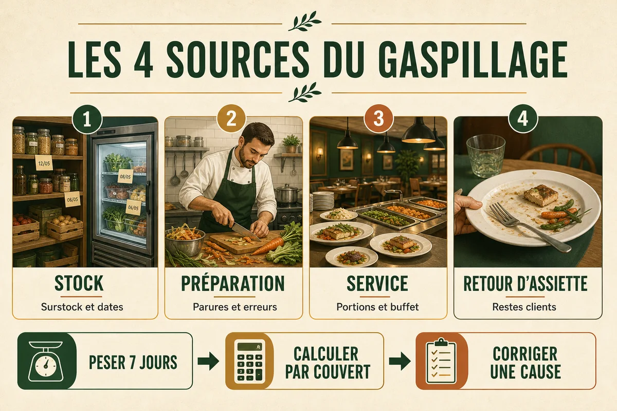 Quatre sources du gaspillage alimentaire au restaurant à mesurer sur sept jours