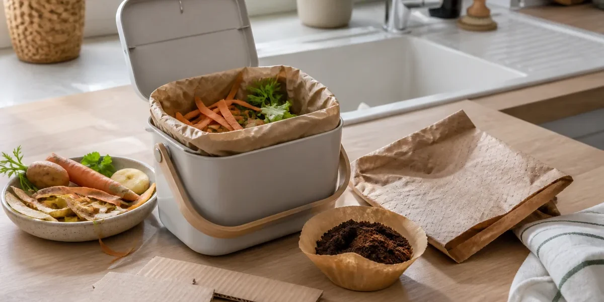 Bioseau de cuisine propre avec épluchures et carton brun sur un plan de travail