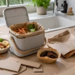 Bioseau de cuisine propre avec épluchures et carton brun sur un plan de travail
