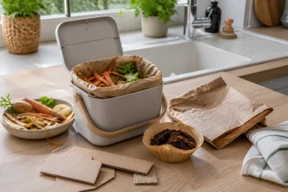 Bioseau de cuisine propre avec épluchures et carton brun sur un plan de travail