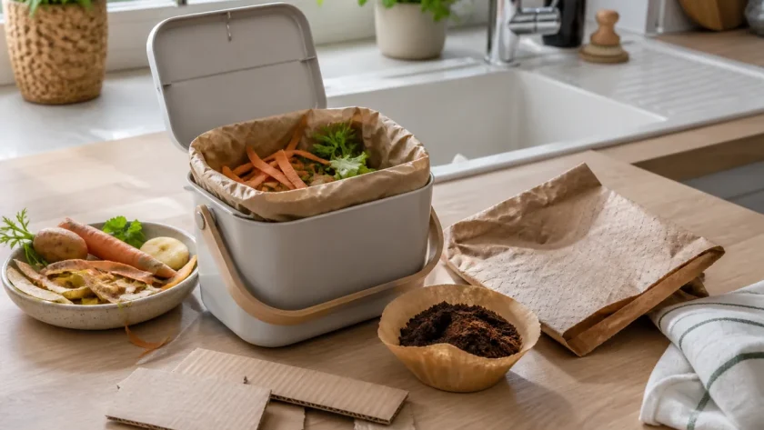 Bioseau de cuisine propre avec épluchures et carton brun sur un plan de travail