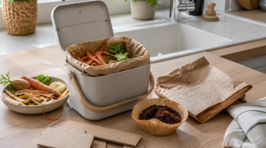 Bioseau de cuisine propre avec épluchures et carton brun sur un plan de travail