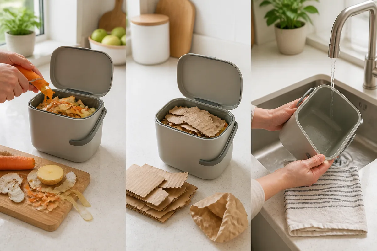 Organisation simple du bioseau avec épluchures, carton brun et vidage régulier