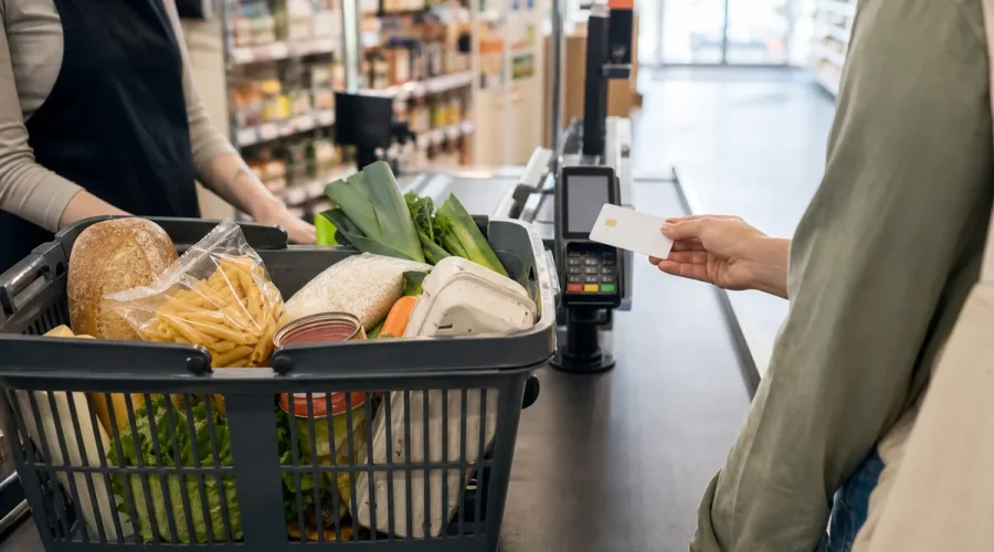 Panier de courses alimentaires posé sur un tapis de caisse avec carte titre restaurant