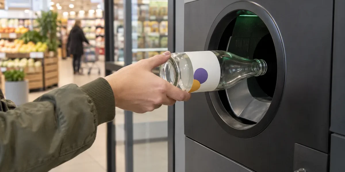 Main rapportant une bouteille en verre consignée dans une borne de supermarché