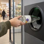 Main rapportant une bouteille en verre consignée dans une borne de supermarché