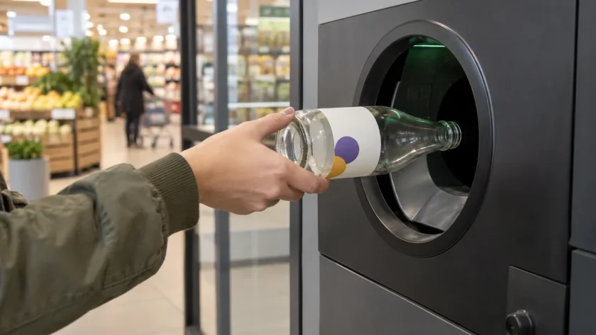 Main rapportant une bouteille en verre consignée dans une borne de supermarché